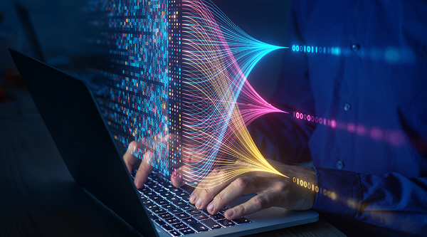 a person typing on a computer an abstract layer of a connected lines