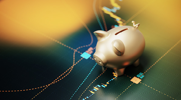 a piggy bank on top of an abstract data graph
