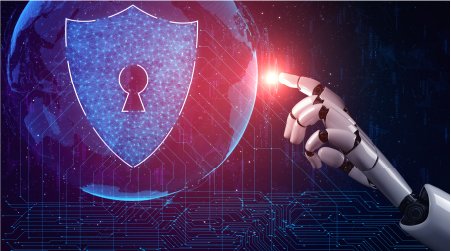 a robot hand touching a security shield icon