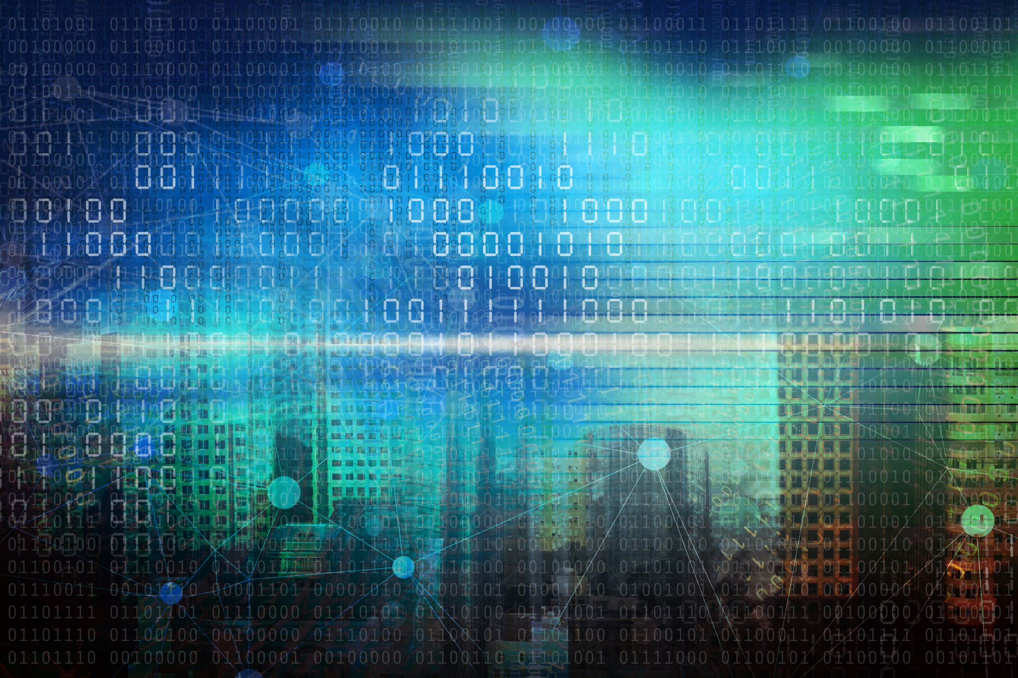 data graphic over a view of a city