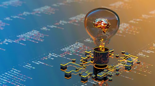 a brain instead of a lightbulb with a coding background