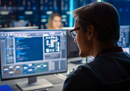 A man with glasses looking at a computer screen