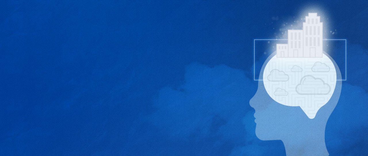 A human head with a thought bubble and clouds