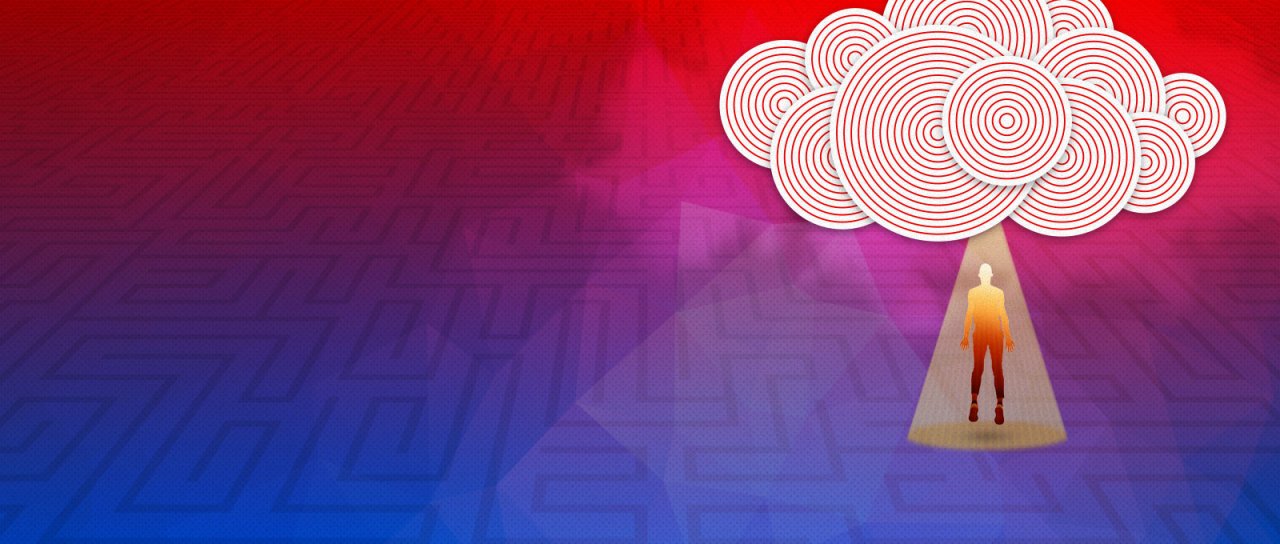 A person stands under a cloud